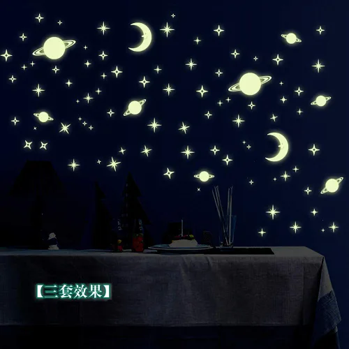 Vista 4 de Adhesivo luminoso para pared de habitación de niños, estrellas y luna que brillan en la oscuridad, adhesivo 3D, autoadhesivo, extraíble