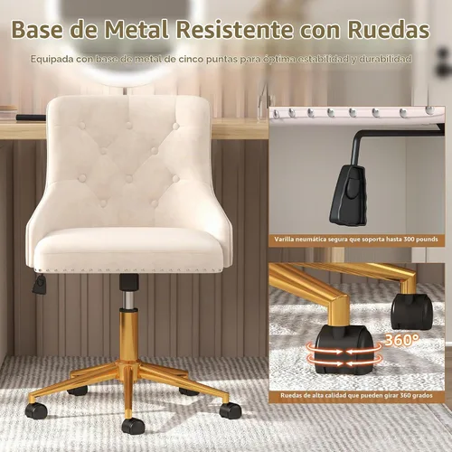 Vista 7 de Silla de escritorio de terciopelo, silla giratoria ajustable tapizada para Beige