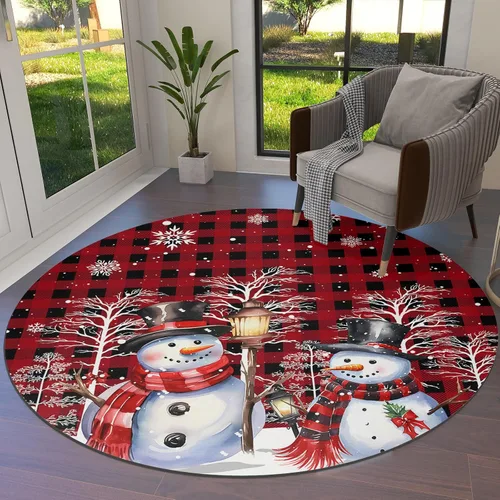 Vista 7 de Alfombra redonda de 3 pies de diámetro, diseño de muñeco de nieve, búfalo, árbol de Navidad, feliz año nuevo, rojo, tapete decorativo de Navidad