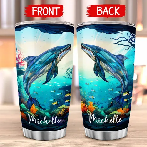 Vista 5 de Vaso de ballena azul con tapa, taza de viaje de acero inoxidable de 20 onzas, vasos personalizados de ballena, regalos temáticos del océano azul