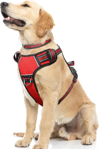 Vista 23 de Arnés para perro sin tirones, arneses para mascotas con collar, chaleco Oxford reflectante y ajustable, hebillas delanteras y traseras para correa