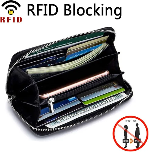 Vista 2 de Moflycom - Cartera de cuero genuino para mujer con cierre y seguridad RFID