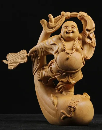 Vista 3 de Estatua de Buda Maitreya Maitreya tallada a mano de boj natural (ventilador de bolsa de tela)
