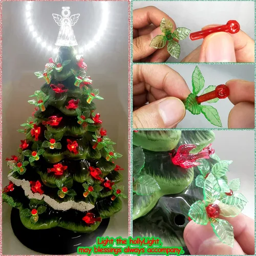 Vista 5 de 153 luces de cerámica de repuesto para árbol de Navidad, 50 bombillas de hojas verdes Lites, 50 clavijas de árbol de bayas de plástico y 50 adornos