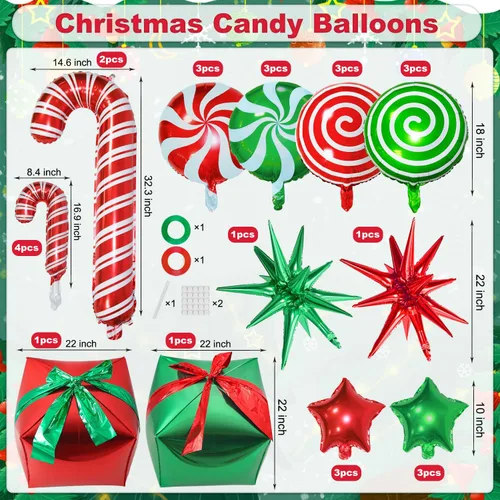 Vista 2 de 32 globos de papel de aluminio de Navidad, globos grandes de remolino de bastón de caramelo, globos de papel de aluminio de estrella y cajas