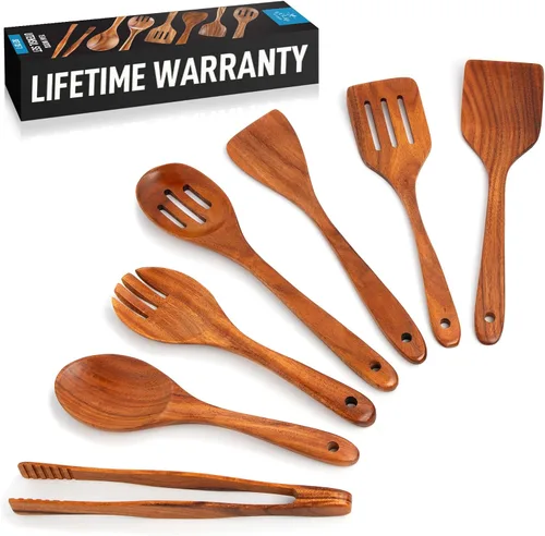 Vista 16 de Zulay Kitchen Juego de 5 cucharas de madera extragrandes - Utensilios de cocina de teca lisa - Cucharón, espátula, espumadera, tenedor, cuchara