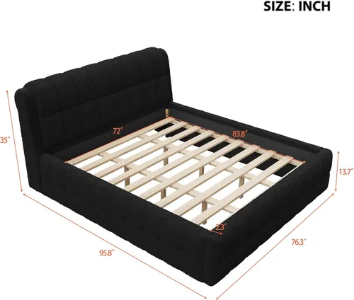 Vista 2 de Elegante base de cama tapizada tamaño California King con cabecero, listones de madera fuertes, base de colchón resistente, no necesita somier, sin