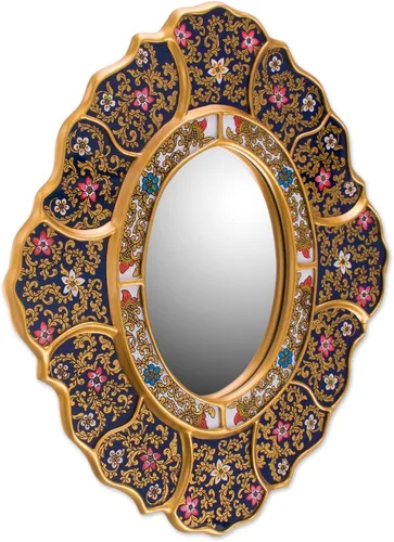 Vista 3 de NOVICA Espejo de pared de vidrio pintado en reversa, hecho a mano, madera de vidrio azul metálico andino, espejos decorativos de Perú, flores