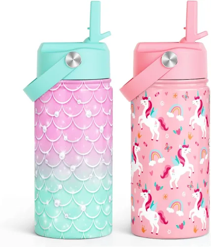 Vista 7 de SANDJEST Botella de Agua para Niños con Tapa de Pajita - 12 Oz Botella de Acero Inoxidable Aislada con Dibujo de Animales para Niños y Niñas - Taza