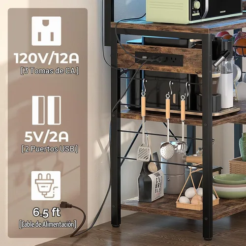 Vista 4 de Aheaplus Estante de panadería con toma de corriente y tiras de luces LED, soporte para horno de microondas, estante de almacenamiento de cocina