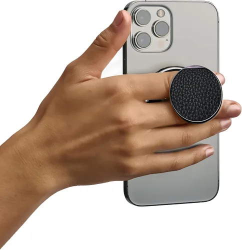 Vista 3 de HANDL O MagSafe - Agarre y soporte de cuero negro para teléfono, agarre magnético extraíble, soporte retráctil para dedos POPL Tap-to-Share Contact