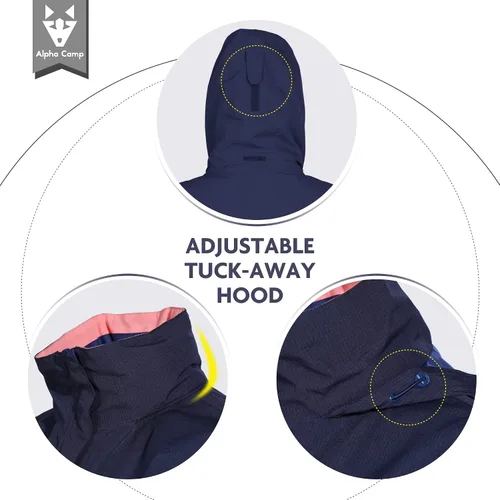 Vista 5 de ALPHA CAMP Chaqueta impermeable para mujer, transpirable, ligera, rompevientos para exteriores, con capucha, para senderismo, viajes