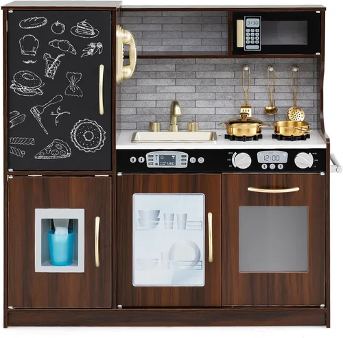 Vista 13 de Costzon Juego de cocina para niños, juego de juguetes de cocina de madera con sonido real, pizarra grande, teléfono, microondas, máquina de hielo