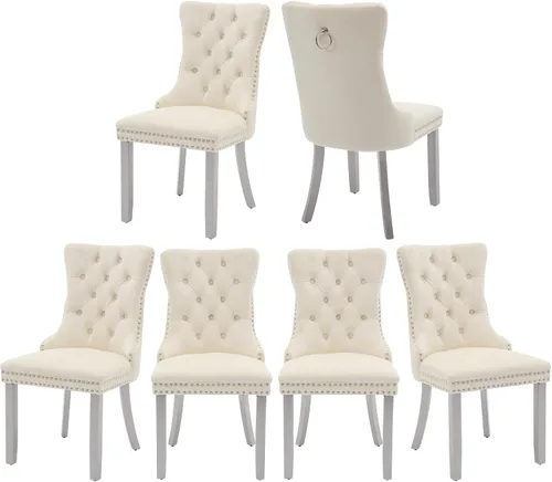 Vista 77 de Juego de 2 sillas de comedor de terciopelo, silla de comedor tapizada de alta gama con tirador de anillo en la espalda, adorno de clavos y patas