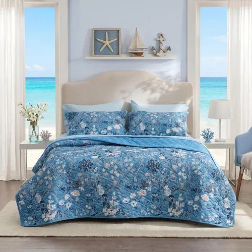 Vista 16 de Bedsure Colcha costera tamaño Queen – Ropa de cama reversible de verano y playa, colcha ligera de microfibra, colcha azul y blanca para todas