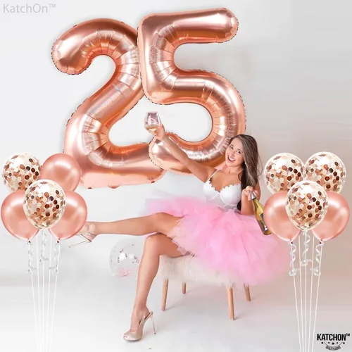 Vista 8 de KatchOn, Globos de oro rosa con el número 25, 40 pulgadas, decoraciones de cumpleaños de 25 para mujer, globos de cumpleaños de 25 años