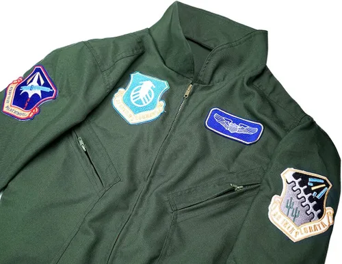 Vista 6 de Megartico Disfraz de piloto de vuelo para adultos, overol de traje verde militar, bolsillos de parche bordados, tela de una pieza