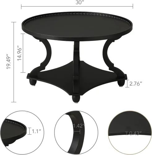Vista 3 de Wnutrees - Mesa de centro de estilo rústico de granja redonda, mesa de café circular con bandeja de madera y estante de almacenamiento para sala