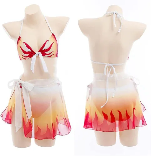 Vista 4 de Anime Kimetsu No Yaiba Traje de baño Kamado Shinobu Cosplay trajes de baño para mujer, traje de baño de dos piezas de dibujos animados japoneses