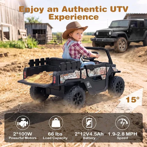 Vista 3 de Costzon Camión UTV de 24 V para niños con maletero y 2 motores de 100 W Camuflaje
