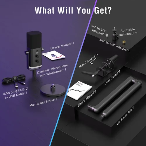 Vista 6 de FIFINE - Micrófono para juegos y paquete de soporte de brazo de perfil bajo, micrófono dinámico XLR/USB con botón de silencio, luz RGB, soporte