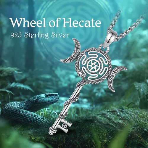 Vista 13 de EUDORA Collar de plata de ley 925 con moneda Hécate, Athena, Perséfono, Nyx, diosa de la luna triple, diosa celta, rueda de Hécate, llave, regalo