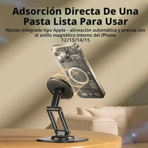 Vista 3 de Soporte magnético para teléfono para escritorio, giratorio de 360 grados, ajustable, plegable, de aluminio para MagSafe con base antideslizante