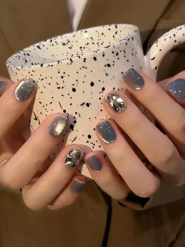 Vista 44 de LIGHT RAIN - Uñas a presión de longitud media, con diseño de galaxia Andromeda, uñas postizas de gel, reutilizables, de lujo, de siete capas