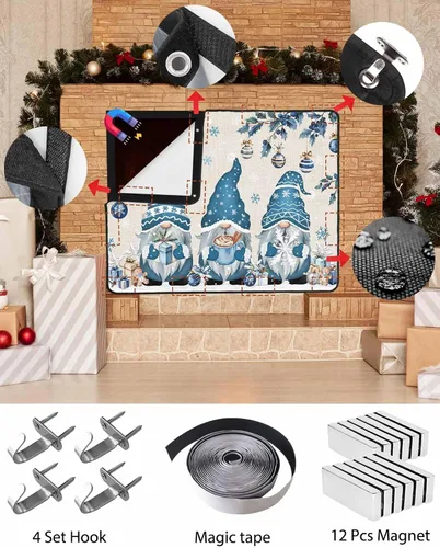 Vista 5 de Cubierta magnética azul para chimenea, detiene la pérdida de calor, pantalla de chimenea para interiores, bolas de gnomos de Navidad, árbol de copo