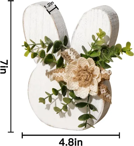 Vista 2 de Decoraciones de Pascua para el hogar: Rústica Antigua Conejito de Madera Feliz Pascua Mesa, Conejo Blanco de Granja con Flores Conejo de Madera
