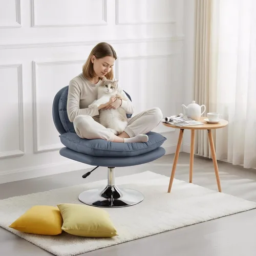 Vista 2 de MCombo Silla giratoria sin brazos con ajuste de altura, silla de tocador tapizada de tela tecnológica con base redonda de metal y asiento de doble