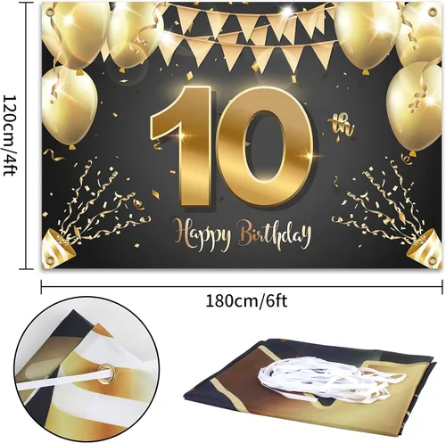 Vista 2 de HAMIGAR Fondo de pancarta de feliz cumpleaños número 10 de 6 x 4 pies, decoraciones de cumpleaños de 10 años, suministros de fiesta para niñas