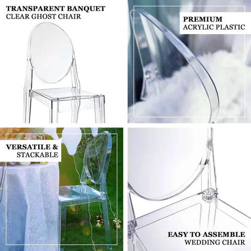 Vista 4 de Efavormart - Juego de 1 silla de banquete transparente sin brazos apilable con respaldo ovalado acrílico, construcción de plástico invisible