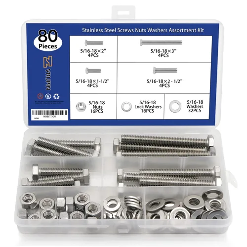 Vista 8 de 265 PCS Tuercas y Pernos 1/4"-20, 5/16"-18, 3/8"-16 Juego Surtido de Tuercas y Pernos Hexagonales de Acero al Carbono, Kit Surtido de Tornillos