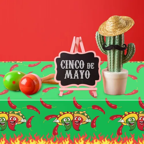 Vista 4 de Remerry Mantel de plástico con chile del Cinco de Mayo, desechable, color rojo y verde, suministros de decoración para mesa rectangular, fiesta