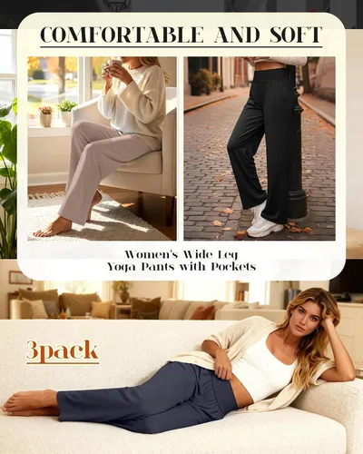 Vista 45 de Neer - Conjunto de 3 pantalones de yoga de pierna ancha para mujer - Pantalones deportivos cómodos, holgados, de cintura alta y casuales