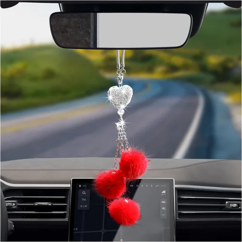 Vista 10 de Dickno Adorno Colgante Brillante para Coche, Divertido Pendiente de Corazón de Amor y Bola de Peluche Rosa para Espejo Retrovisor para Mujeres