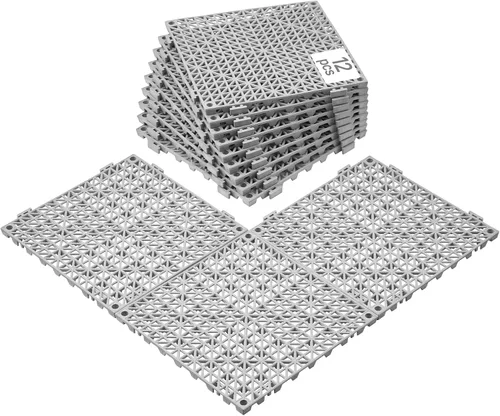 Vista 17 de VEVOR Alfombra Modular Entrelazada, Paquete de 12 Piezas de 30,5 cm x 30,5 cm, Azulejos de Drenaje de PVC Suave Entrelazados, Agujeros de Drenaje