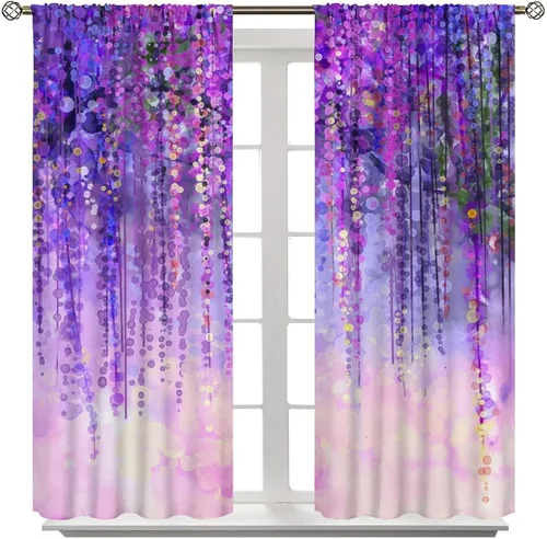 Vista 2 de Cortinas florales de acuarela para dormitorio, sala de estar, cortinas de ventana de vides en cascada de glicina morada, paneles de ventana florales