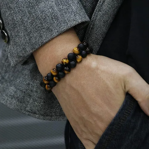 Vista 4 de HASKARE Pulsera de piedra de ojo de tigre para hombre y mujer, piedra de energía natural, aceite esencial, roca de lava, ónice negro, cuentas de ojo