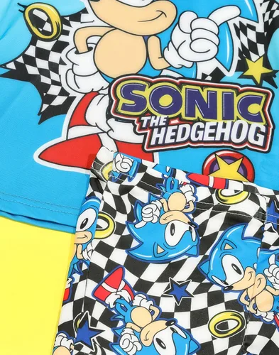 Vista 7 de Sonic The Hedgehog Boys Swimsuit Set Kids Blue 2 Piece T-Shirt & Swim Shorts Racing Checkers & Rings Swimming Costume