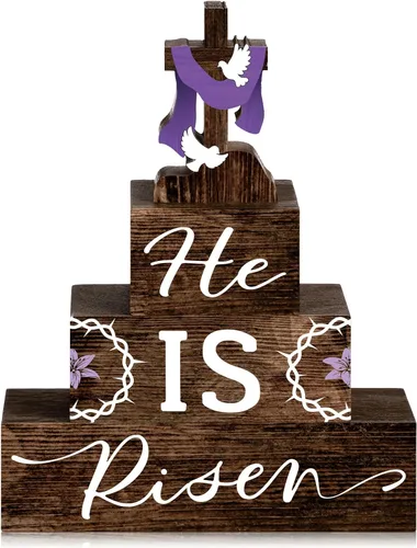 Vista 9 de 4 piezas de decoración de mesa de Pascua con texto en inglés «Happy Easter Every Bunny», letrero de madera de conejito pastel, bloques de madera