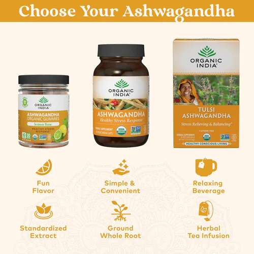 Vista 7 de ORGANIC INDIA Ashwagandha - Gomitas para hombres y mujeres, suplemento para el estrés, raíz de Ashwagandha KSM-66, extra fuerte, masticables