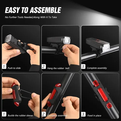 Vista 6 de WGGE Juego de luces recargables USB ultra brillantes, potente faro delantero y trasero para bicicleta, fácil de instalar para montar por la noche