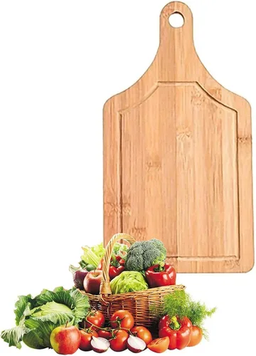 Vista 5 de Juego de tablas de cortar de bambú, 3 piezas, tablas de cortar carne, pala de pizza con mango para hornear pizza casera pan, pastel, frutas