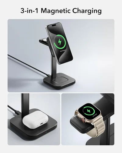 Vista 5 de ESR Estación de carga inalámbrica 3 en 1 para Apple [certificado], cargador portátil para Apple Watch y soporte de cargador MagSafe, cargador