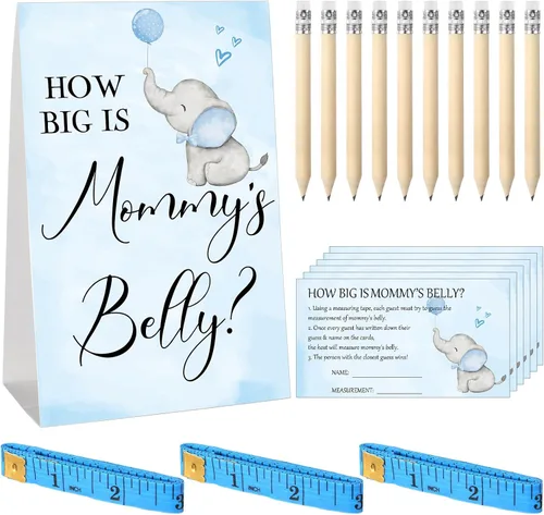 Vista 88 de Sabary 64 Piezas Juegos de Baby Shower Incluyen Letrero How Big is Mommy's Belly Sign Measure Bump Game 50 Tarjetas 10 Lápices 3 Cintas Métricas