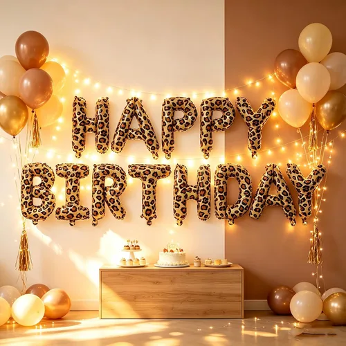 Vista 4 de Decoraciones de globos de letras de feliz cumpleaños con estampado de Estampado de leopardo