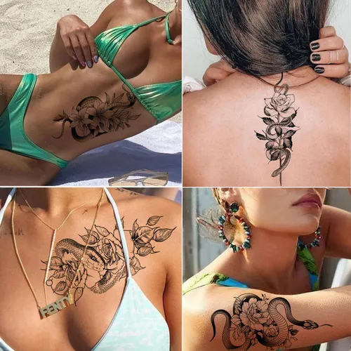 Vista 5 de Tazimi Tatuajes temporales de serpiente, 12 hojas 3D negras realistas de serpiente, rosa, tatuajes florales, calcomanías grandes y sexys