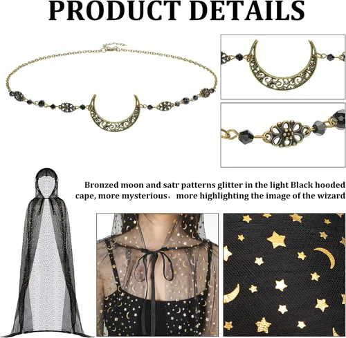Vista 3 de Toulite Juego de 2 piezas de disfraz de bruja de Halloween, luna dorada, estrella, capa con capucha, capa de bruja con capucha para mujer, cadena